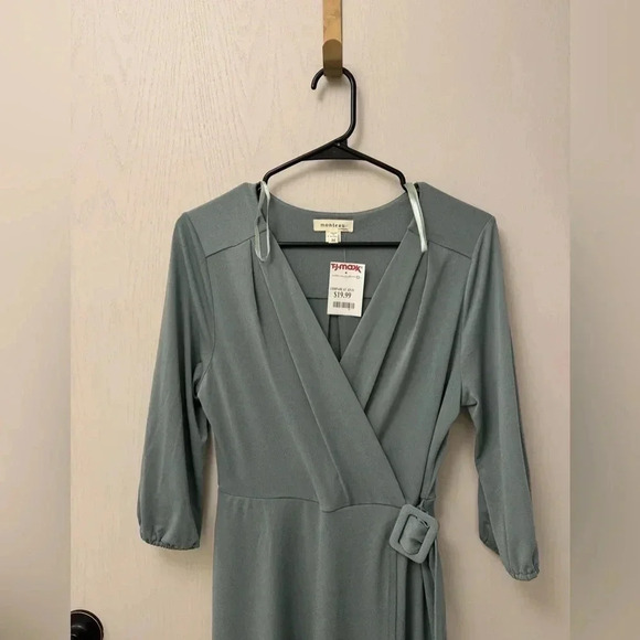 Sage Green Monteau V Neck Belted Dress with Slit and Quarter Length Sleeves NWT - Picture 4 of 7